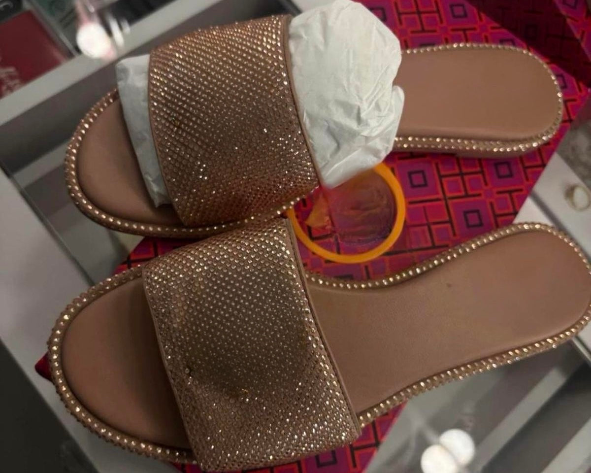 TB beige sparkly slides